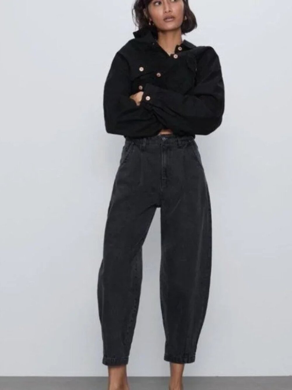 Zara Washed Out Faded Black Pleated High Rise Slouch Barrel Jeans 10